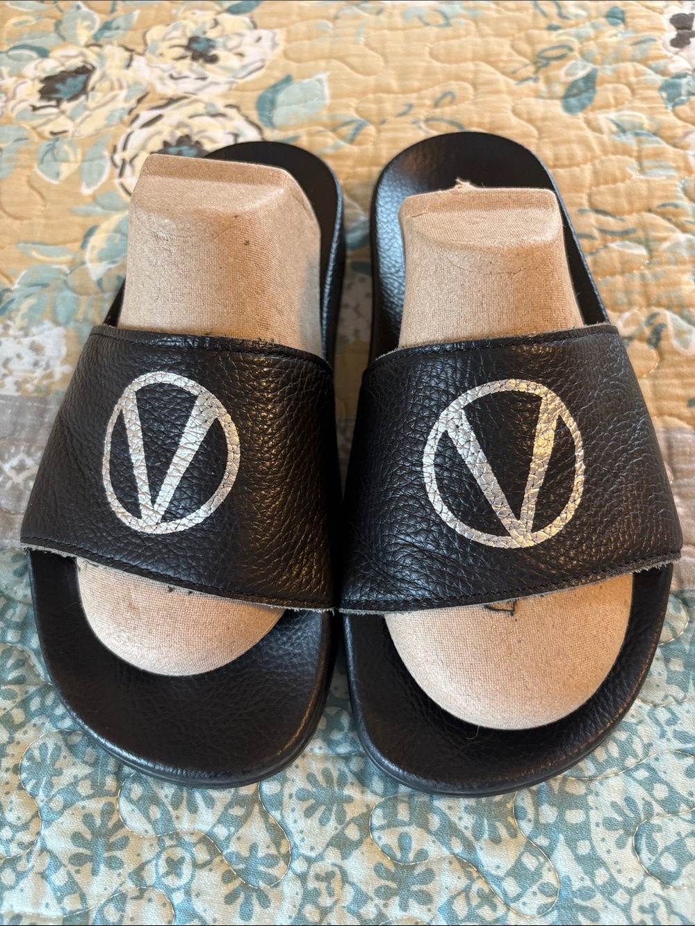 Valentino by Mario Valentino Bugola Leather Slides with Silver Logo